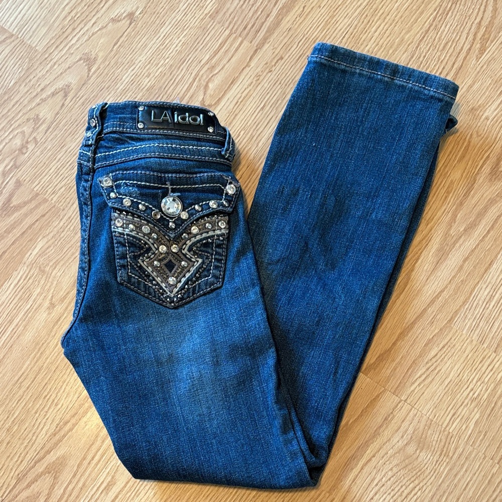 L.A. idol Girls Dark Blue Rhinestone Embellished Skinny Jeans